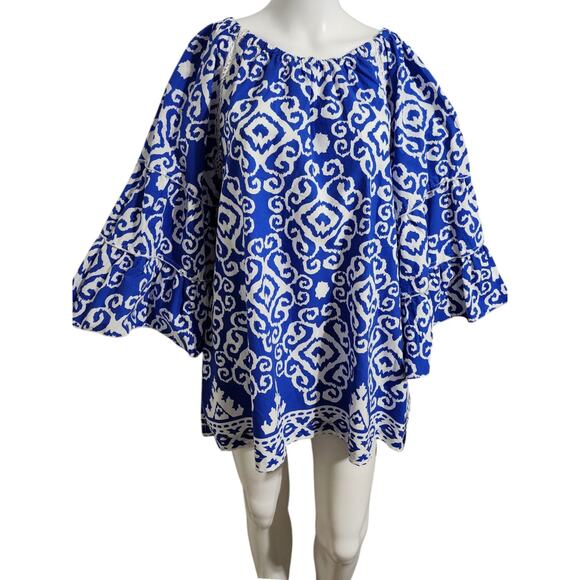 Calessa Scoop Neck 3/4 Flare Sleeve Blue/ White Women's Pullover Blouse Large - Picture 3 of 9